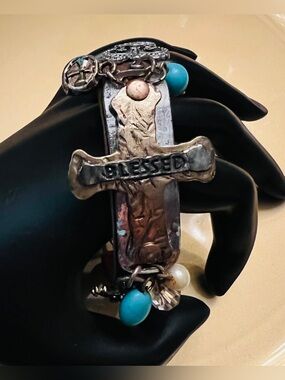 'Blessed' Silver-Tone Charm Leather Bracelet with Accents